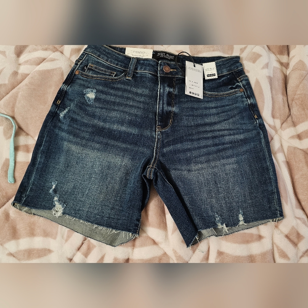 Judy Blue Dark Blue Distressed Women Shorts High waist Medium